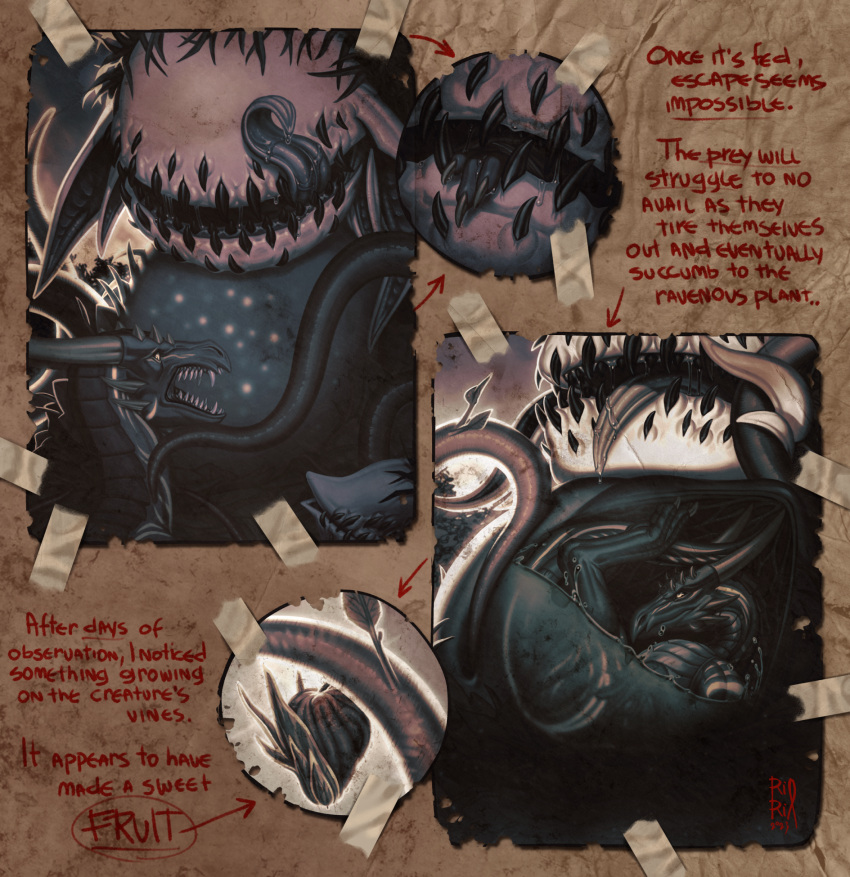ambiguous_gender black_body black_scales dragon duo fangs feral glistening glistening_eyes grey_horn hi_res horn licking licking_lips licking_own_lips monster open_mouth riorix scales semi-anthro sharp_teeth teeth tentacles tongue tongue_out vore