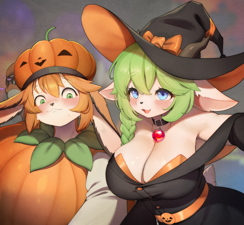 anthro big_breasts blush breasts clothed clothing costume duo female food fur hair halloween hi_res holidays mammal plant smile whooo-ya