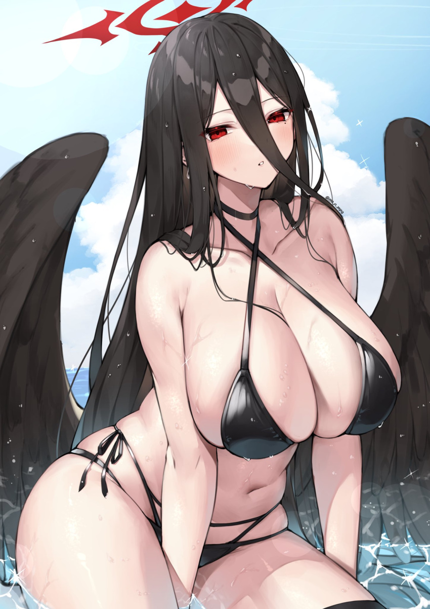 1girl bikini black_bikini black_hair black_wings blue_archive blue_sky blush breasts choker cloud day feathered_wings halo hasumi_(blue_archive) highres huge_breasts long_hair looking_at_viewer mole mole_under_eye mono_(mo_n_mno) outdoors parted_lips red_eyes sky solo stomach swimsuit very_long_hair water wet wings