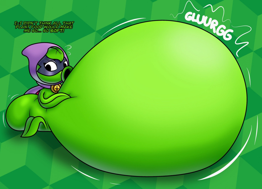 belly belly_expansion belly_squish big_belly big_butt black_eyes butt clothing ectoplasmicresidue electronic_arts elemental_creature expansion female flora_fauna green_background green_body green_shadow hand_on_stomach hi_res hoodie huge_butt hyper hyper_belly peashooter_(pvz) plant plants_vs._zombies plants_vs._zombies_heroes popcap_games purple_cape purple_clothing purple_hoodie purple_mask purple_topwear rumbling_stomach simple_background solo squish topwear weight_gain