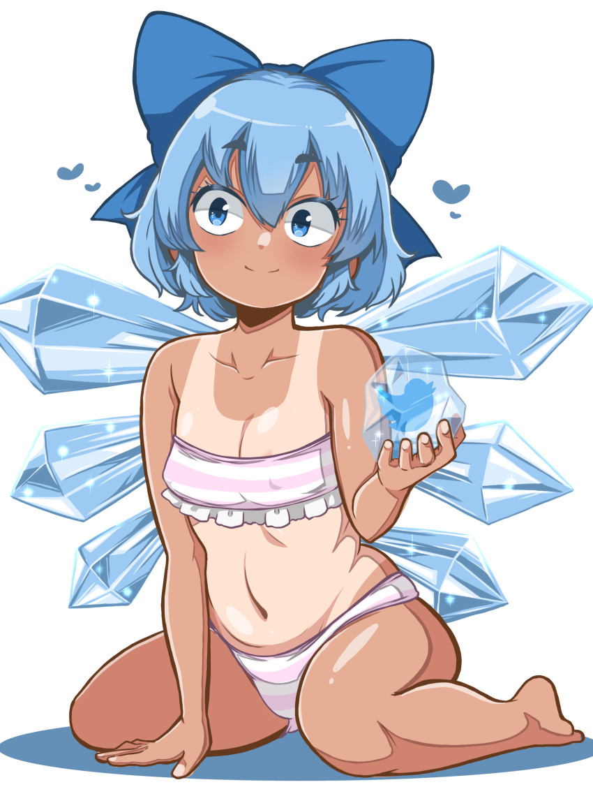 1girl absurdres alternate_costume arm_support bare_legs barefoot bikini blue_bow blue_eyes blue_hair bow breasts cirno commentary_request covered_nipples eyelashes fingerless_gloves frills frozen full_body gloves hair_between_eyes hair_bow heart highres himajin_noizu holding leaning_forward looking_at_viewer petite shadow short_hair simple_background small_breasts smile solo striped striped_bikini swimsuit tan tanlines tanned_cirno touhou twitter twitter_logo white_background