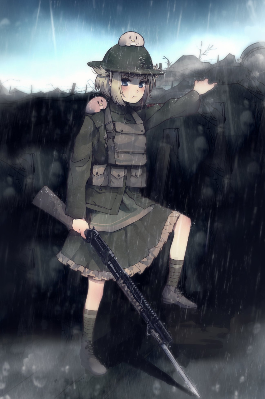 1girl bayonet bitchcraft123 black_footwear blue_eyes brown_hair brown_socks closed_mouth combat_helmet commentary commission english_commentary frilled_skirt frills girls'_frontline green_headwear green_jacket green_skirt gun helmet highres holding holding_gun holding_weapon jacket long_sleeves looking_at_viewer m1897_(girls'_frontline) name_connection object_namesake on_head on_shoulder outdoors pump_action rain shoes shotgun skirt socks solo trench weapon winchester_model_1897 world_war_i