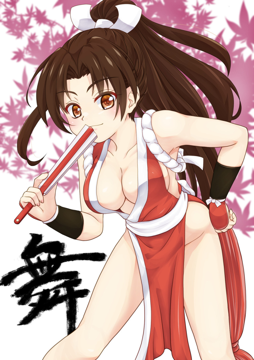 1girl arm_guards bottomless breasts brown_eyes brown_hair cleavage fatal_fury folded_fan folding_fan hair_ribbon hand_fan hand_on_own_hip high_ponytail highres holding holding_fan leaning_forward long_hair looking_at_viewer pelvic_curtain revealing_clothes ribbon rope shiranui_mai solo soumanantoka the_king_of_fighters white_ribbon