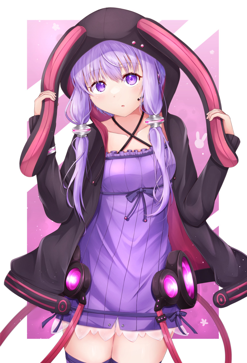 1girl absurdres animal_hood black_jacket blush breasts dress hair_between_eyes hands_up headset highres hip_focus hood hood_up hooded_jacket jacket legs_together long_hair looking_at_viewer microphone open_clothes open_jacket open_mouth purple_eyes purple_hair rabbit_hood shirua_(s4-42424) skindentation small_breasts solo striped striped_dress thigh_gap thighhighs thighs twintails vertical-striped_dress vertical_stripes vocaloid yuzuki_yukari