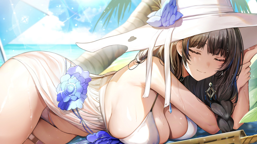 1girl bare_arms bare_shoulders bikini black_hair blush braid breasts cleavage closed_eyes closed_mouth goddess_of_victory:_nikke hat large_breasts large_hat long_hair luse_maonang lying mary_(bay_goddess)_(nikke) mary_(nikke) official_alternate_costume on_side outdoors smile solo sparkle sun_hat swimsuit thighs tree water white_bikini white_headwear