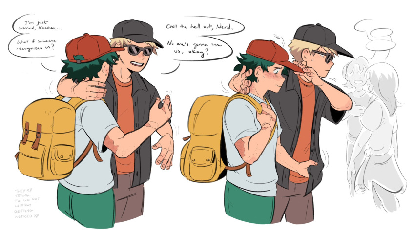 2boys 2girls backpack bag bakugou_katsuki baseball_cap black_shirt blonde_hair blush boku_no_hero_academia brown_pants closed_mouth commentary daniartonline english_text freckles green_eyes green_hair grey_shirt hand_on_another's_neck hat highres looking_at_another male_focus midoriya_izuku multiple_boys multiple_girls open_clothes open_mouth open_shirt orange_shirt pants red_headwear scar scar_on_arm scar_on_hand shirt short_hair short_sleeves simple_background speech_bubble spiked_hair standing sunglasses t-shirt white_background yaoi yellow_bag