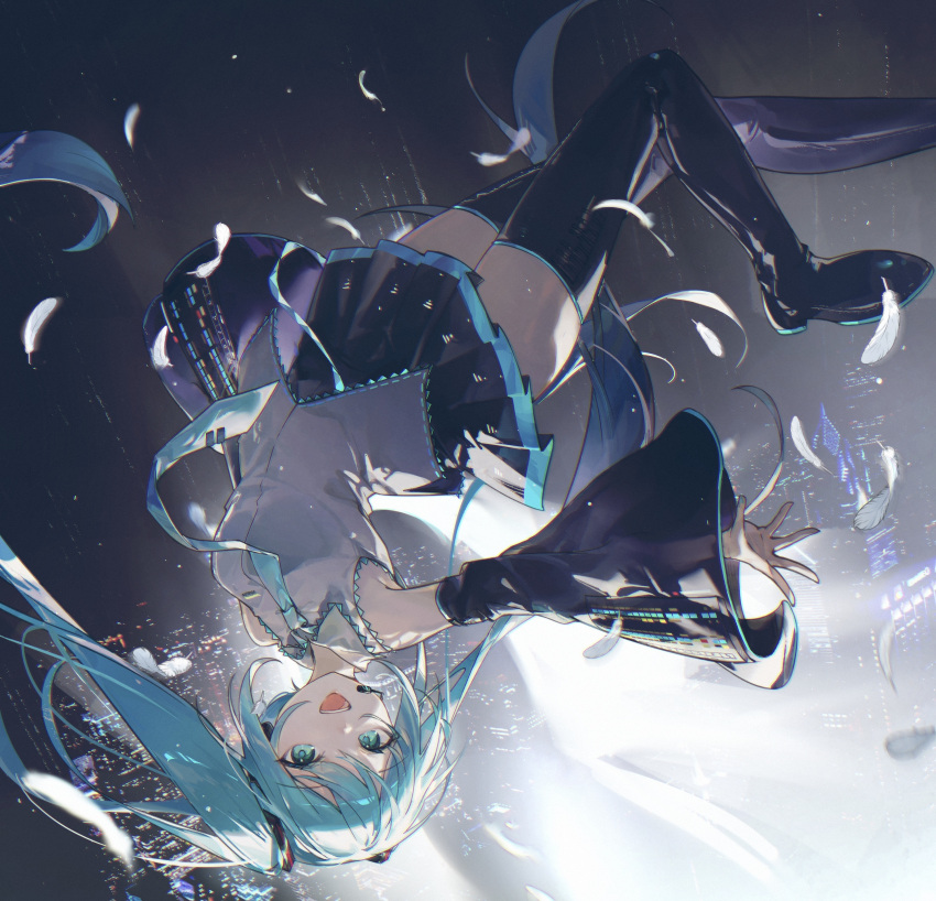 1/6_-out_of_the_gravity-_(vocaloid) 1girl :d absurdres amari aqua_eyes aqua_hair aqua_nails aqua_necktie black_sleeves boots building detached_sleeves feathers hatsune_miku highres necktie pleated_skirt skirt skyscraper smile thigh_boots upside-down vocaloid white_feathers