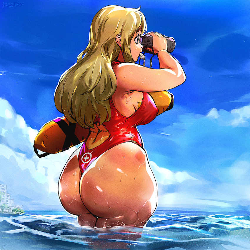 1girl ass back_cutout binoculars blue_sky breasts brown_hair clothing_cutout cloud cloudy_sky condom condom_in_clothes condom_wrapper covered_nipples cowboy_shot curvy from_behind highres holding holding_binoculars huge_ass k-on! keigi kotobuki_tsumugi large_breasts lifeguard long_hair mismatched_eyebrows mole mole_on_ass ocean one-piece_swimsuit plump red_one-piece_swimsuit sky solo surfboard swimsuit tan thick_eyebrows wading wet wet_clothes wet_swimsuit whistle