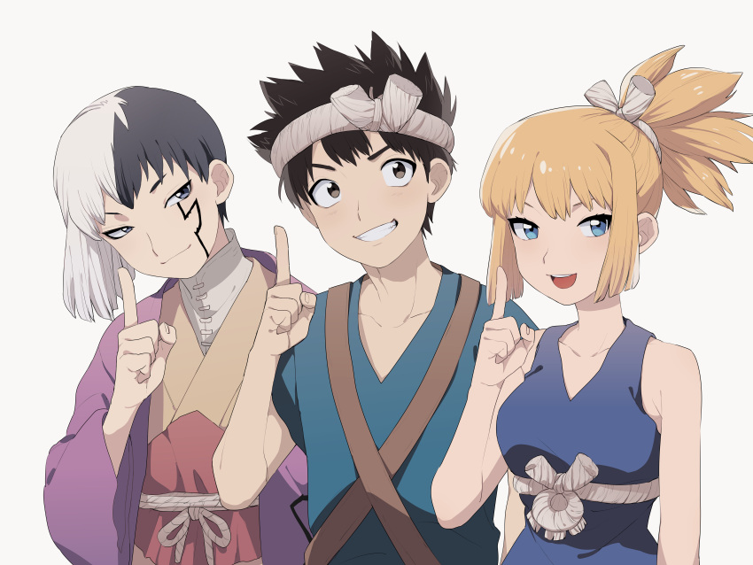 1girl 2boys :d absurdres asagiri_gen bare_shoulders black_hair blonde_hair breasts brown_hair chrome_(dr._stone) closed_mouth dr._stone facial_mark grin headband highres index_finger_raised jacket kohaku_(dr._stone) kojirou_(kojirou_sousaku) multicolored_hair multiple_boys ponytail purple_jacket sidelocks sleeveless smile split-color_hair upper_body