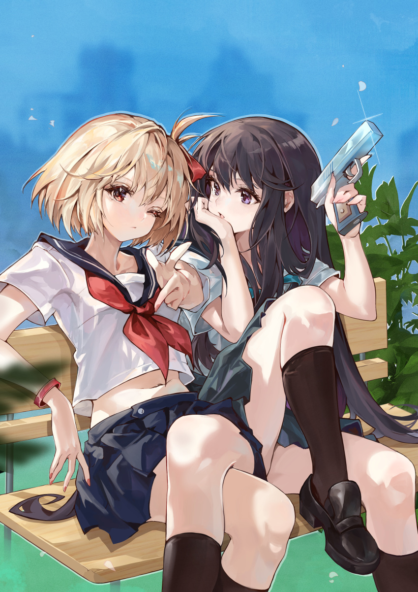 2girls a_yue absurdres aqua_neckerchief bench black_footwear black_hair black_socks blonde_hair blue_sailor_collar blue_skirt bob_cut closed_mouth collarbone commentary cropped_shirt crossed_legs gun hair_ribbon handgun highres holding holding_gun holding_weapon inoue_takina kneehighs leg_up loafers long_hair looking_at_another looking_at_viewer lycoris_recoil midriff multiple_girls navel neckerchief nishikigi_chisato one_eye_closed one_side_up open_mouth pleated_skirt pointing pointing_at_viewer purple_eyes red_eyes red_neckerchief red_ribbon ribbon sailor_collar school_uniform serafuku shirt shoes short_hair short_sleeves sidelocks sitting skirt socks sparkle trigger_discipline weapon white_shirt