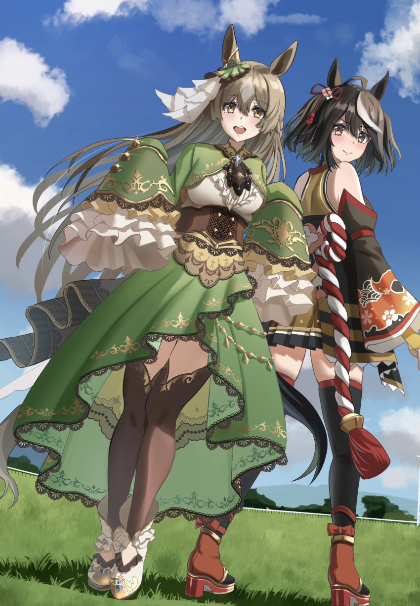 2girls :d ahoge aimi_(tikichin0229) animal_ears ankle_boots ascot bare_shoulders black_hair black_thighhighs bob_cut boots bow_skirt braid brown_ascot brown_eyes brown_hair brown_skirt commentary_request corset cropped_jacket detached_sleeves dutch_angle ear_ornament flower flower_ornament french_braid frilled_footwear frilled_shirt frilled_sleeves frills full_body grass green_jacket green_skirt hair_flower hair_ornament high-low_skirt highres horse_ears horse_girl horse_tail jacket kitasan_black_(umamusume) long_hair long_skirt long_sleeves looking_at_viewer multicolored_hair multiple_girls pleated_skirt red_eyes red_footwear red_ribbon ribbon satono_diamond_(umamusume) shirt skirt sleeves_past_fingers sleeves_past_wrists smile streaked_hair tail thighhighs two-tone_hair umamusume underbust white_footwear white_hair white_shirt