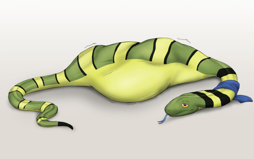 abdominal_bulge akaikosh blue_tongue feral green_body male orange_eyes reptile scalie scarf simple_background snake solo_focus stripes tongue vore white_background