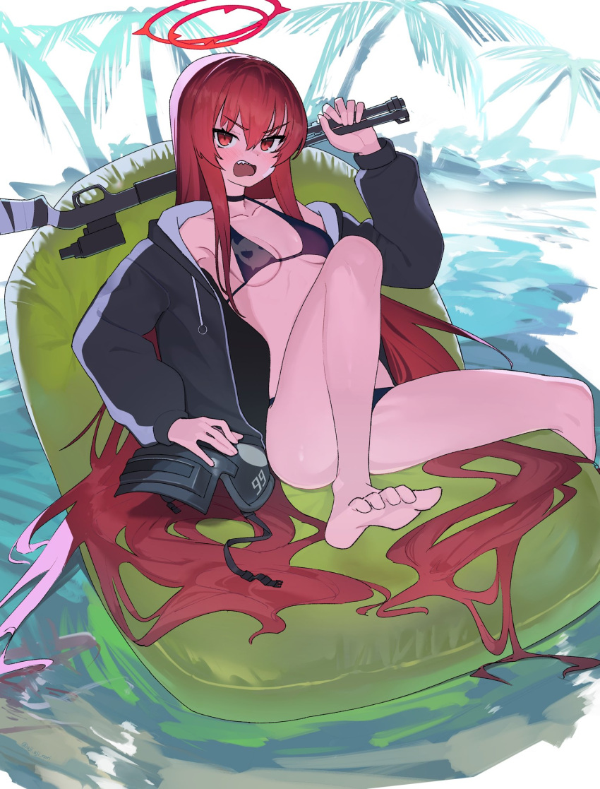 1girl aji_aji_nori barefoot bikini black_bikini black_choker black_jacket blue_archive blush breasts choker feet foot_out_of_frame gun hair_between_eyes halo headwear_removed helmet helmet_removed highres holding holding_gun holding_weapon inflatable_chair jacket legs long_hair long_sleeves looking_at_viewer open_clothes open_jacket open_mouth palm_tree rabu_(blue_archive) red_eyes red_hair sharp_teeth sidelocks sitting small_breasts soles solo swimsuit teeth toes tree very_long_hair water weapon