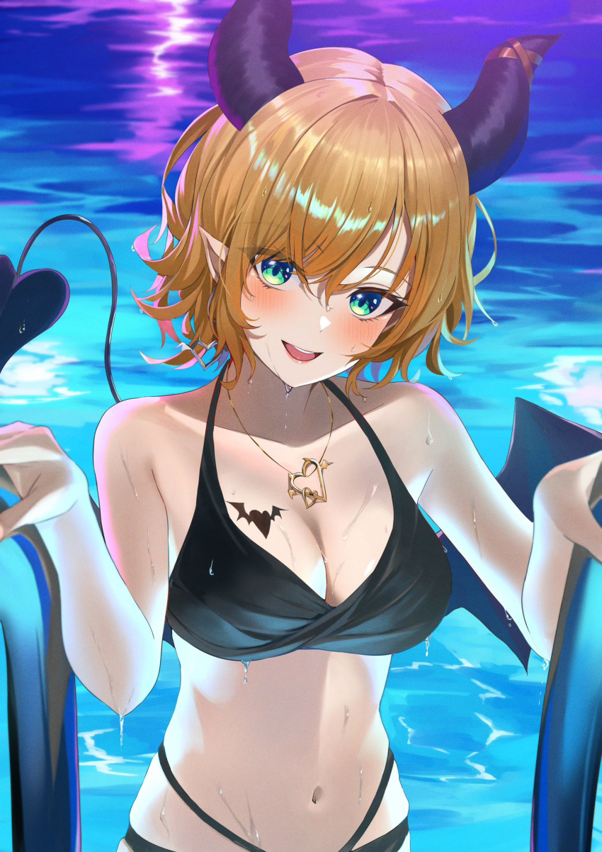 1girl :d aqua_eyes bikini black_bikini blonde_hair breast_tattoo breasts chakuma_(yiyh1468) cleavage demon_girl demon_horns demon_tail demon_wings heart heart_necklace highres hololive horns jewelry looking_at_viewer navel necklace official_alternate_hairstyle open_mouth pointy_ears pool pool_ladder short_hair smile solo stomach swimsuit tail tattoo virtual_youtuber wet wings yuzuki_choco