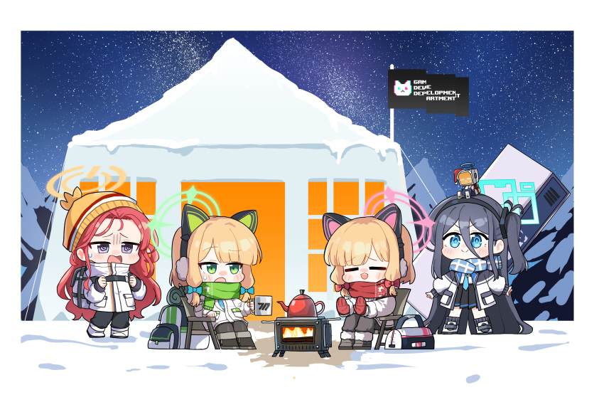 4girls absurdly_long_hair absurdres animal_ear_headphones animal_ears aris_(blue_archive) beanie black_hair black_pants blonde_hair blue_archive blue_bow blue_eyes blue_scarf boots bow fake_animal_ears fur-trimmed_boots fur_trim game_development_department_(blue_archive) green_eyes green_halo green_scarf grey_eyes hair_bow halo hat headphones highres jacket long_hair long_sleeves midori_(blue_archive) momoi_(blue_archive) multiple_girls one_side_up pants pink_halo r3d_bow red_hair red_scarf scarf short_hair siblings sisters twins very_long_hair white_jacket yanggaengwang yellow_halo yellow_headwear yuzu_(blue_archive)