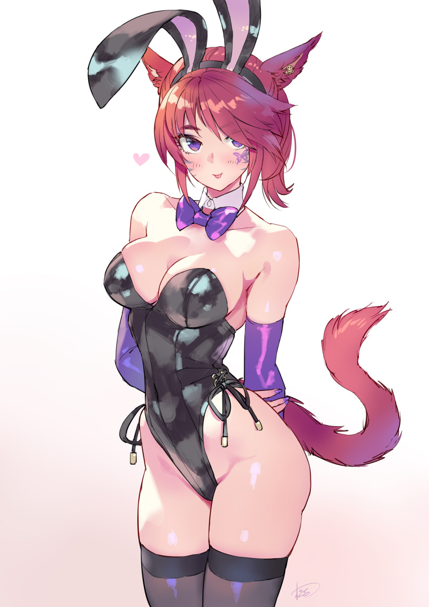 animal_ears arms_behind_back bare_shoulders black_leotard black_thighhighs bow bowtie breasts cat_ears cat_tail cleavage collarbone commission cowboy_shot detached_collar detached_sleeves fake_animal_ears final_fantasy final_fantasy_xiv gradient_background hair_over_one_eye heart highleg highleg_leotard highres leotard light_blush looking_at_viewer matsuda_(matsukichi) medium_breasts medium_hair miqo'te pixiv_commission playboy_bunny purple_bow purple_bowtie purple_eyes red_hair simple_background skindentation smile tail thighhighs tongue tongue_out