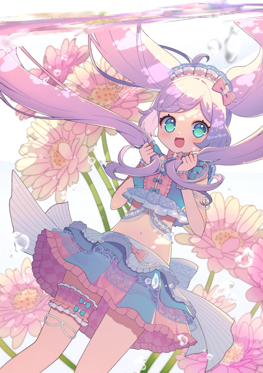 1girl :d ahoge aqua_eyes blue_shirt blue_skirt blush bow bridal_garter center_frills commentary_request cropped_shirt dutch_angle feet_out_of_frame flower frilled_shirt frilled_skirt frills hair_bow hands_up highres holding holding_hair idol_clothes long_hair looking_at_viewer manaka_laala marueri midriff miniskirt open_mouth pink_bow pink_flower pleated_skirt pretty_(series) pripara shirt skirt sleeveless smile solo standing thigh_strap twintails underwater very_long_hair