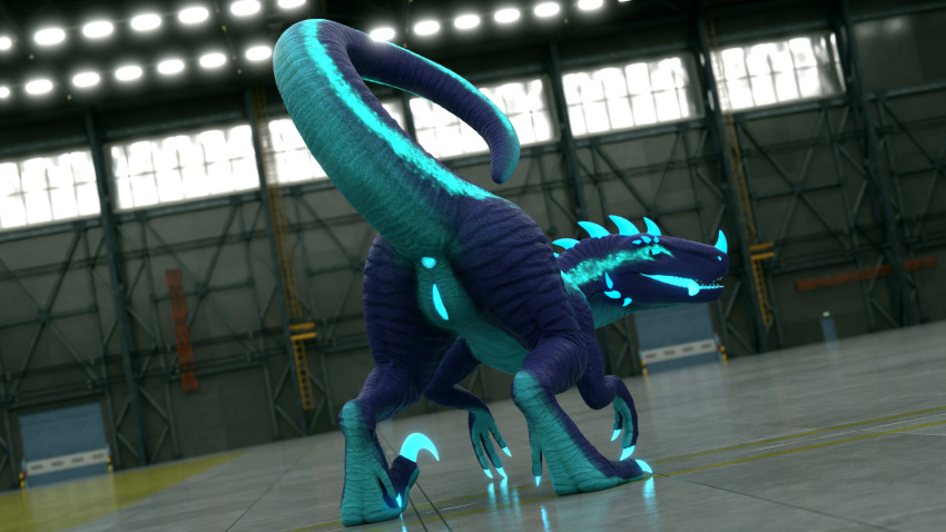 3d_(artwork) blender_(software) blue_body claws digital_media_(artwork) dinosaur dromaeosaurid female feral genitals glowing glowing_claws glowing_eyes glowing_genitalia glowing_markings glowing_spikes hangar hi_res looking_at_viewer markings niko_stargazer nikostargazer open_mouth presenting presenting_pussy pussy raptor_claws reptile scalie solo spikes tail teeth theropod tongue velociraptor