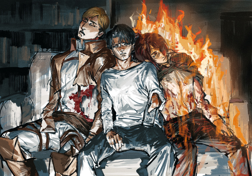 1other 2boys absurdres blind blood boots burning burning_clothes controller death erwin_smith eyepatch feet_out_of_frame guro hange_zoe head_on_another's_shoulder highres holding holding_remote_control lanyan511 levi_(shingeki_no_kyojin) looking_at_viewer missing_finger multiple_boys painterly pants remote_control shingeki_no_kyojin short_hair sitting