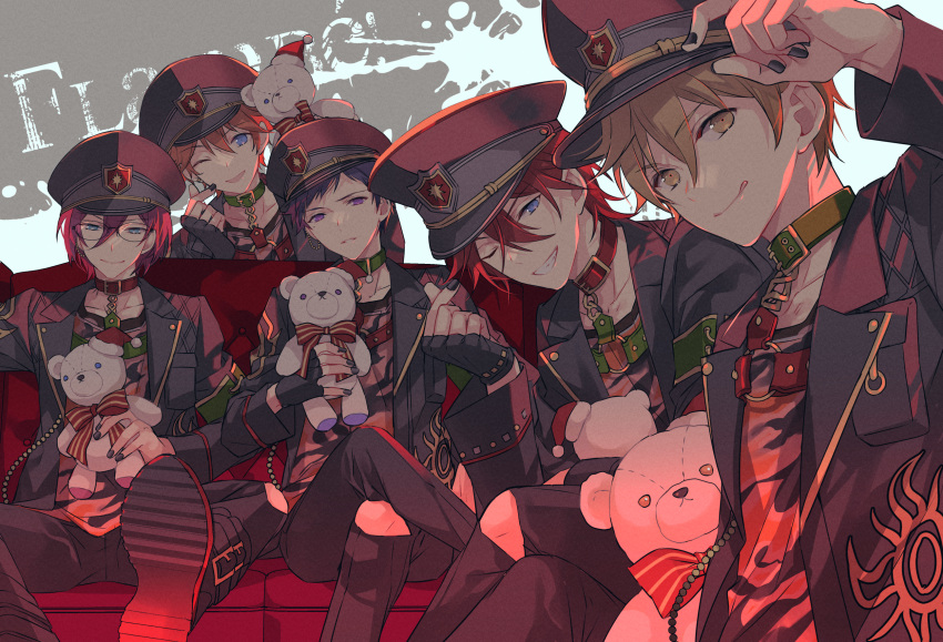 5boys akehoshi_subaru amagi_rinne black_headwear black_jacket blue_eyes brown_eyes choker closed_mouth ensemble_stars! fushimi_yuzuru glasses hat headset highres holding holding_stuffed_toy huyucotton jacket light_brown_hair male_focus mashiro_tomoya multiple_boys nighthead_(ensemble_stars!) one_eye_closed open_mouth orange_hair peaked_cap pink_hair purple_eyes purple_hair red_hair saegusa_ibara short_hair smile stuffed_animal stuffed_toy teddy_bear tongue tongue_out