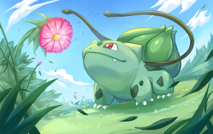 animal_focus blue_sky bright_pupils bulbasaur claws closed_mouth cloud commentary_request flower looking_up no_humans nostrils outdoors pink_flower pokemon pokemon_(creature) red_eyes shinomen sky sprout white_pupils