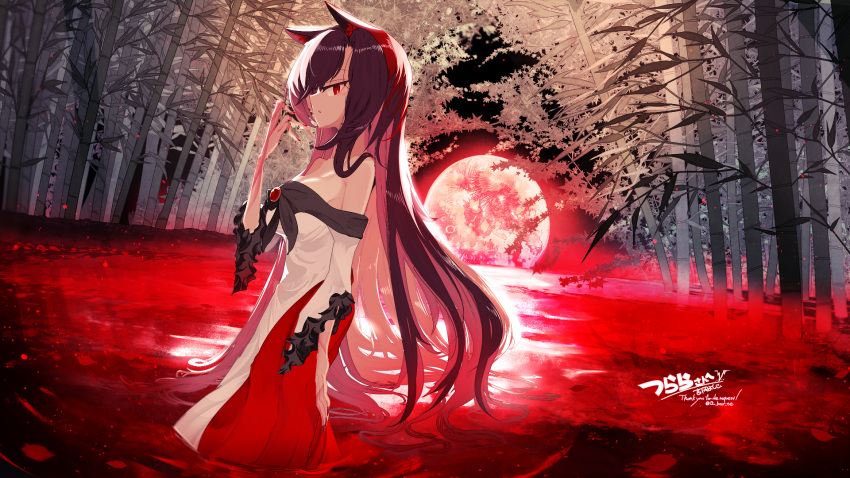1girl animal_ears bamboo bamboo_forest breasts brooch brown_hair collarbone commission dress fingernails forest frilled_sleeves frills full_body highres imaizumi_kagerou jewelry large_breasts layered_dress long_fingernails long_hair long_sleeves nail_polish nature red_dress red_eyes red_nails sharp_fingernails skeb_commission solo touhou white_dress wide_sleeves wolf_ears yoshioka_yoshiko