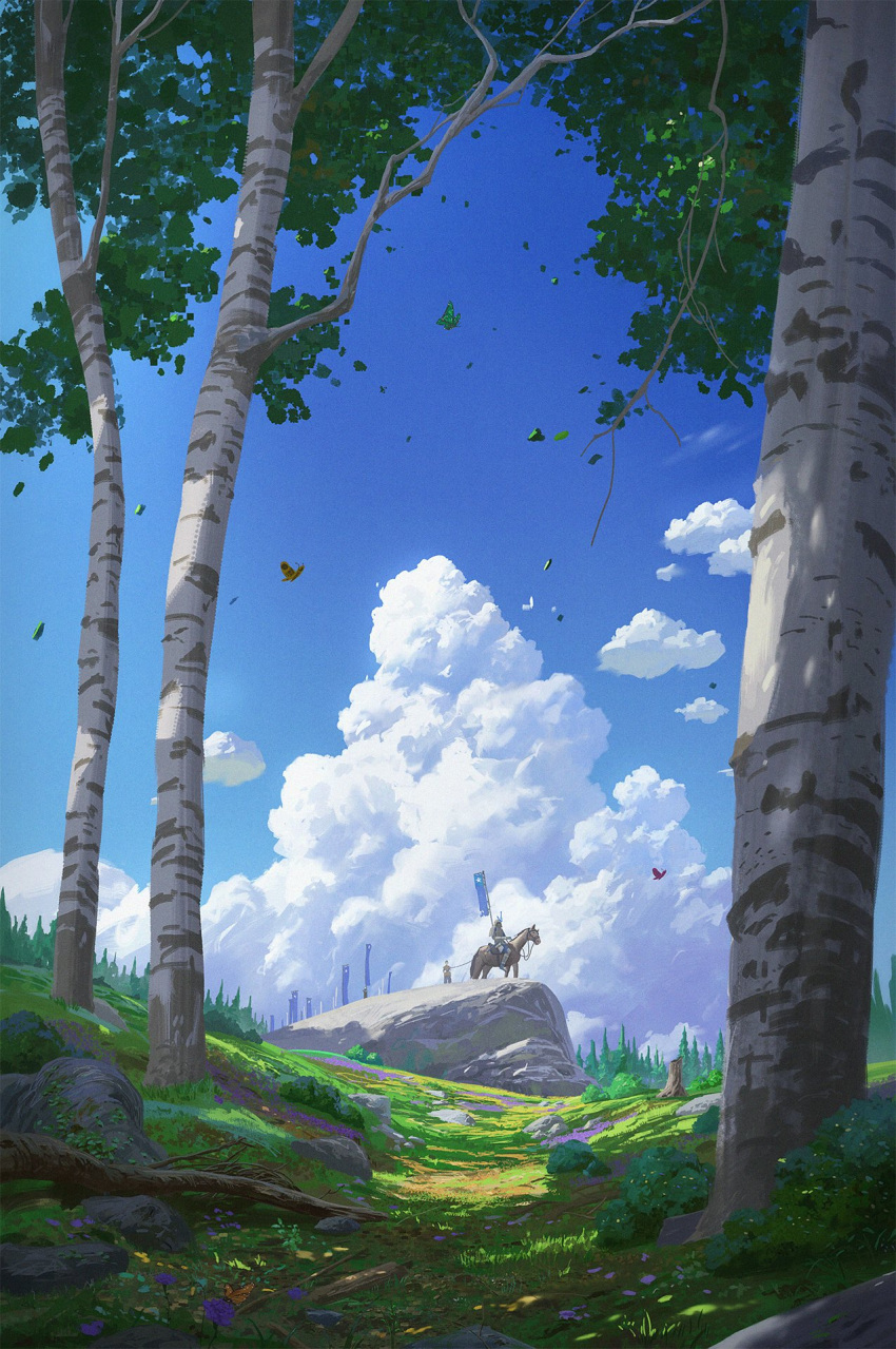 armor banner birch blue_flag blue_flower blue_sky branch bug butterfly cloud commentary cyclecircle day english_commentary falling_leaves flower forest grass helmet highres horse horseback_riding japanese_armor kabuto_(helmet) landscape leaf nature original outdoors people riding rock samurai scenery sky sunlight tree tree_stump yellow_flower