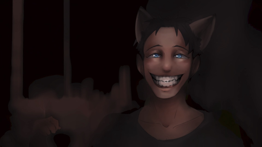 16:9 animal_humanoid blue_eyes canid canid_humanoid canine canine_humanoid clothed clothing creepypasta dog_humanoid drawfee drawfee_(copyright) fangs hi_res humanoid karina_farek male mammal mammal_humanoid prick_ears shirt smile.dog solo teeth toothy_grin topwear widescreen