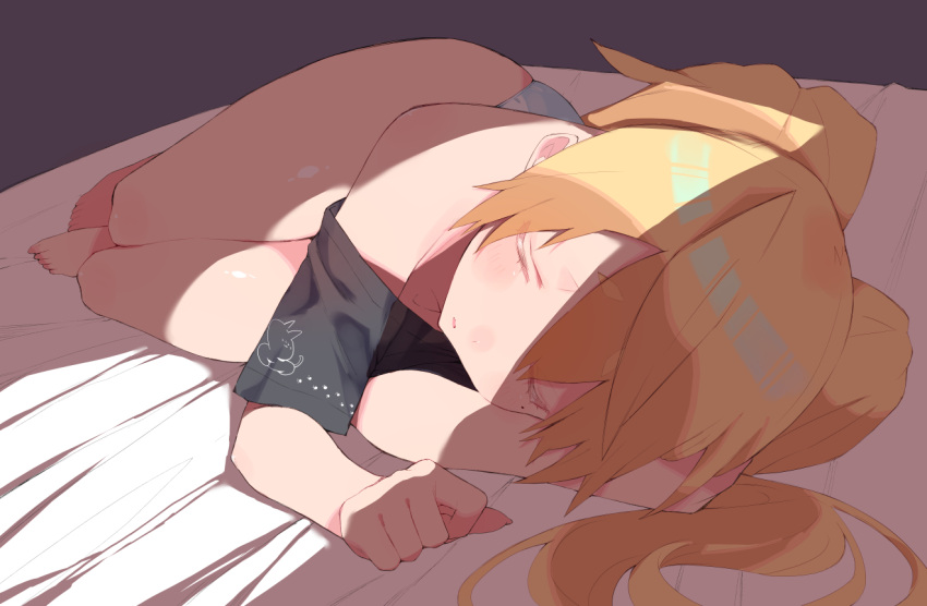 1girl bare_shoulders barefoot black_shirt blonde_hair blush closed_eyes commentary_request full_body kz_oji light long_hair lying mole mole_under_eye no_pants off_shoulder on_side original panties shade shirt sleeping solo t-shirt underwear white_panties