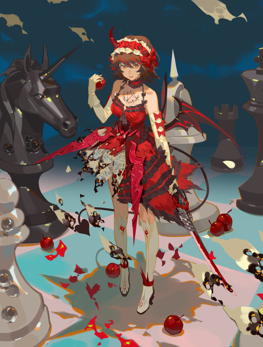 1girl absurdres apple black_eyes brown_hair burnt_clothes chess_piece chest_tattoo collar demon_horns demon_tail demon_wings dress elbow_gloves food frilled_dress frills fruit gloves gradient_eyes highres holding holding_food holding_fruit holding_sword holding_weapon horns katana king_(chess) knight_(chess) looking_at_viewer lucia:_plume_(punishing:_gray_raven) lucia_(punishing:_gray_raven) maid_headdress medium_hair multicolored_eyes multicolored_hair official_alternate_costume open_mouth orange_eyes pawn_(chess) punishing:_gray_raven red_dress red_hair red_ribbon ribbon rook_(chess) single_horn streaked_hair sword tail tattoo teeth thighhighs torn_clothes upper_teeth_only weapon white_gloves white_thighhighs wings xe367