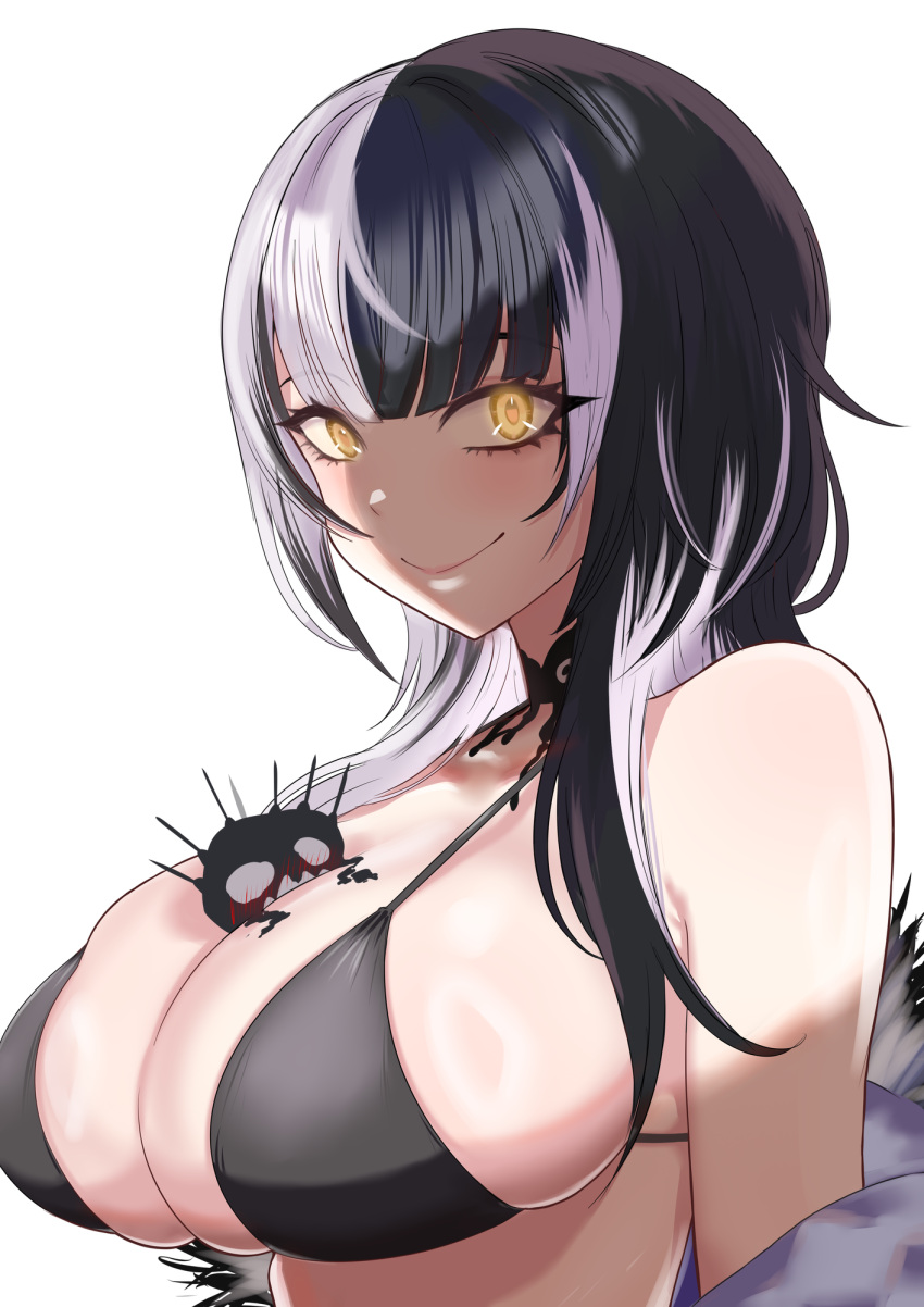 1girl alternate_breast_size between_breasts bikini black_bikini black_choker black_hair blunt_bangs blush breasts choker closed_mouth highres hololive hololive_english huge_breasts long_hair looking_at_viewer multicolored_hair redi_(rasec_asdjh) shiori_novella simple_background skindentation smile solo split-color_hair strap_gap swimsuit two-tone_hair upper_body virtual_youtuber white_background white_hair yellow_eyes yorick_(shiori_novella)