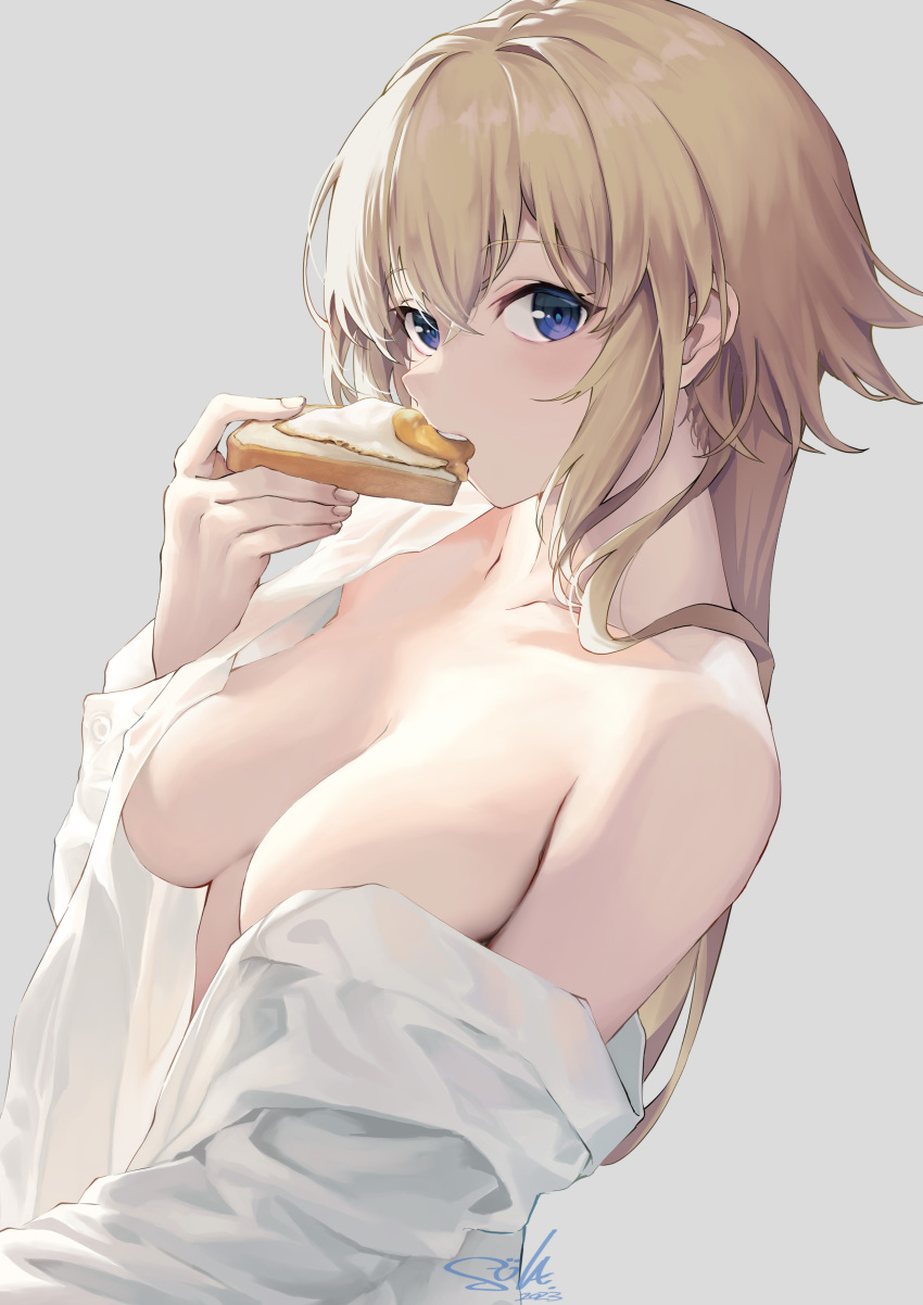 1girl absurdres blonde_hair breasts dutch_angle eating enferverge fate/apocrypha fate/grand_order fate_(series) food_in_mouth fried_egg fried_egg_on_toast from_side highres jeanne_d'arc_(fate) large_breasts long_hair looking_at_viewer open_clothes open_shirt shirt solo white_shirt