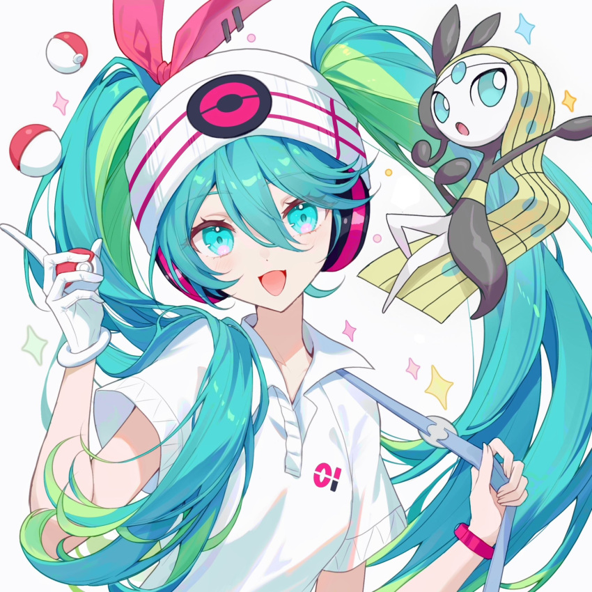 1girl aqua_eyes aqua_hair bag bow bracelet collared_shirt gloves green_hair hair_bow hatsune_miku headband headphones highres holding holding_poke_ball jewelry long_hair looking_at_viewer meloetta meloetta_(aria) multicolored_hair official_alternate_costume open_mouth osage_(8545675) poke_ball poke_ball_(basic) pokemon pokemon_(creature) project_voltage psychic_miku_(project_voltage) red_bow shirt short_sleeves shoulder_bag simple_background single_glove twintails two-tone_hair upper_body vocaloid white_background white_gloves white_headband