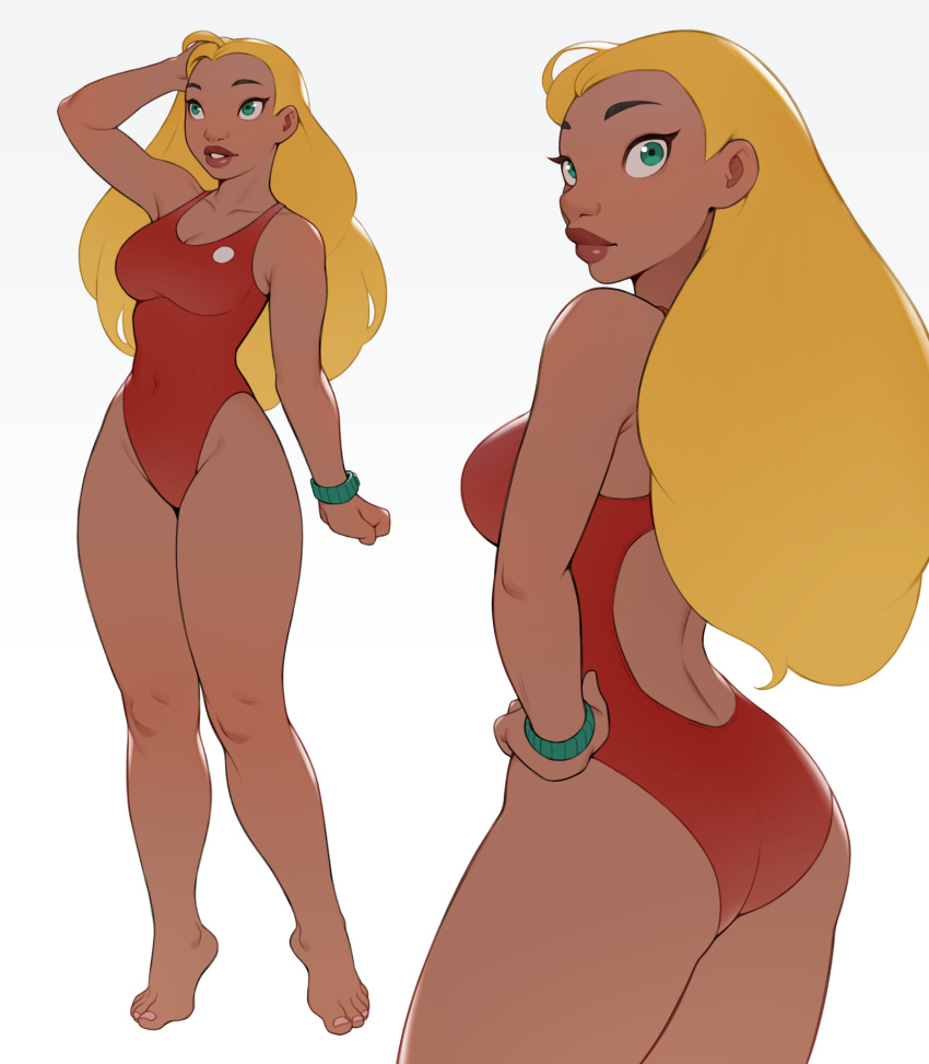 1girl ass back_cutout barefoot blonde_hair breasts brown_lips cheshirrr clothing_cutout collarbone commentary dark-skinned_female dark_skin english_commentary extra flat_ass full_body green_eyes highres lifeguard_(lilo_&amp;_stitch) lilo_&amp;_stitch lips long_hair medium_breasts mismatched_eyebrows multiple_views nose one-piece_swimsuit red_one-piece_swimsuit solo standing swimsuit thick_thighs thighs toenails watch wide_hips wristwatch