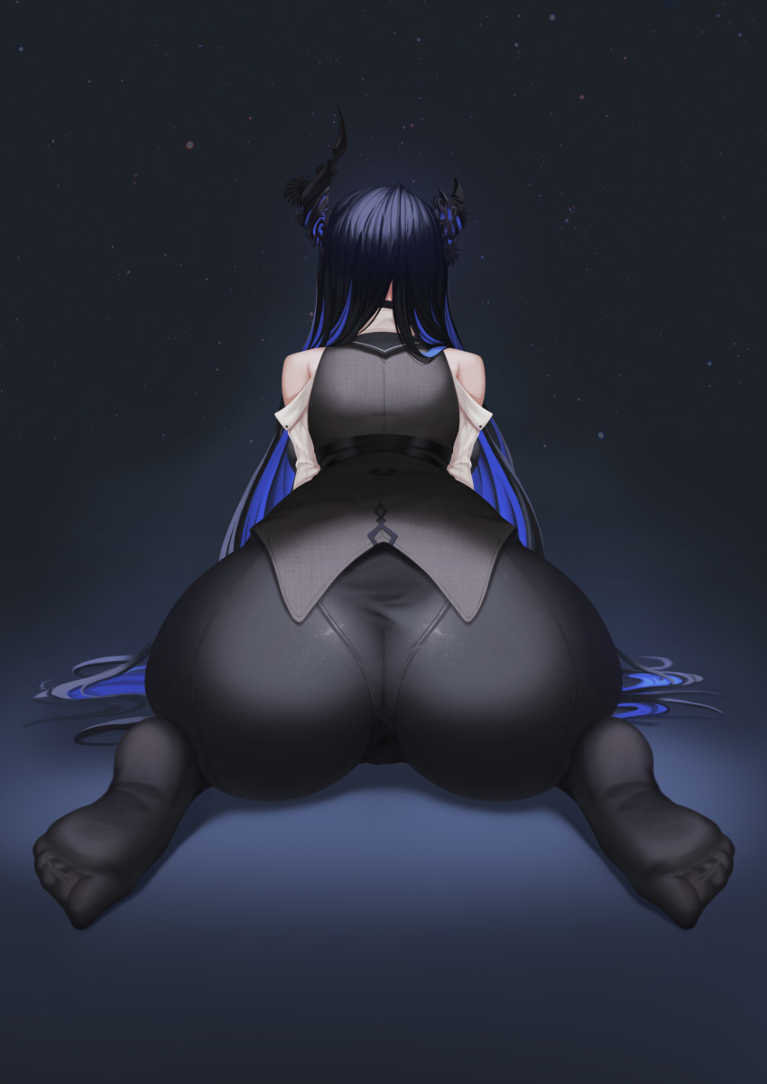1girl absurdres ass ass_focus asymmetrical_horns back bare_shoulders black_background black_hair black_horns black_panties black_pantyhose black_thighhighs black_vest blue_hair breasts broken_horn clothing_cutout colored_inner_hair demon_girl demon_horns faceless faceless_female facing_away feet foot_focus from_behind hair_ornament highres hololive hololive_english horns huge_ass kneeling long_hair multicolored_hair nerissa_ravencroft oakproud panties panties_under_pantyhose pantyhose presenting shoulder_cutout soles solo straight_hair thick_thighs thighhighs thighs toes twitter two-tone_hair underwear uneven_horns vest virtual_youtuber