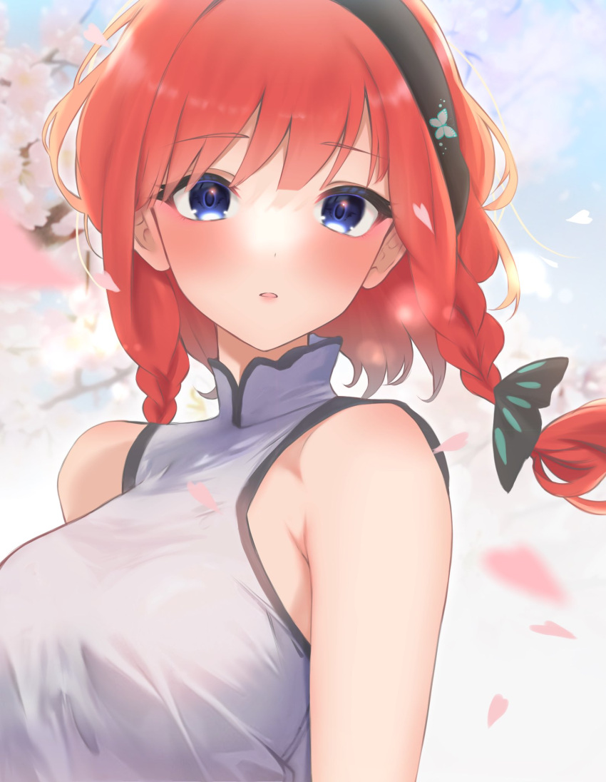 1girl alternate_costume alternate_hairstyle armpit_crease bare_shoulders black_hairband blue_eyes blunt_bangs blurry blush braid breasts butterfly_hair_ornament china_dress chinese_clothes commentary day depth_of_field dress eyelashes falling_petals floating_hair go-toubun_no_hanayome hair_ornament hairband highres kakato_0 large_breasts looking_at_viewer medium_hair nakano_nino outdoors parted_lips petals red_hair sleeveless sleeveless_dress solo spring_(season) tsurime twin_braids upper_body