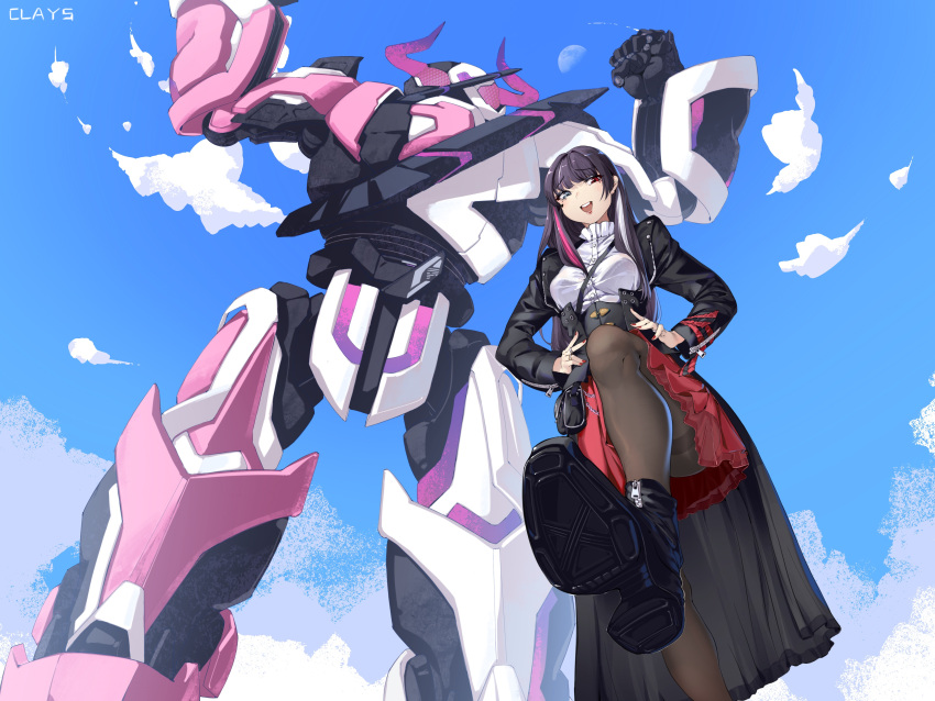 1girl absurdres animification artist_name beroba_(kamen_rider_geats) black_footwear black_jacket black_pantyhose blue_eyes boots breasts clays_(clayschan) clenched_hand cloud frilled_shirt frills grey_hair half-closed_eyes hands_on_own_hips heterochromia highres horns jacket kamen_rider kamen_rider_beroba kamen_rider_geats_(series) long_hair looking_down mecha medium_breasts moon multicolored_hair pantyhose pink_eyes pink_hair purple_eyes red_nails robot shirt sky smile smug streaked_hair underbust white_shirt