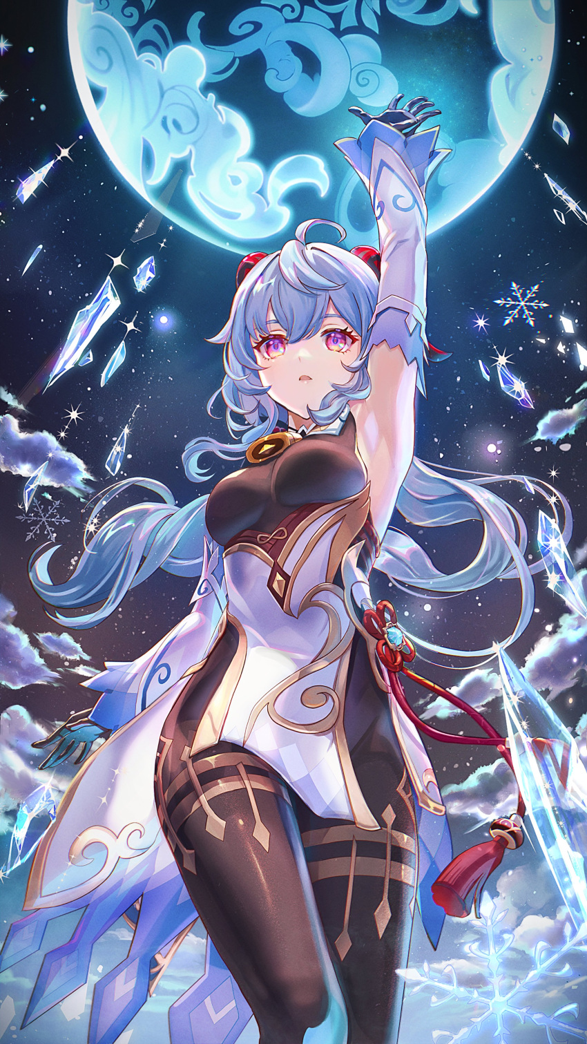 1girl absurdres ahoge aratakosu_(tako's) armpits bare_shoulders bell black_gloves blue_hair breasts detached_collar detached_sleeves flower_knot ganyu_(genshin_impact) genshin_impact gloves gold_trim hand_up highres horns ice long_hair medium_breasts neck_bell night open_mouth orb pantyhose purple_eyes qilin_(mythology) sidelocks solo thighs third-party_source vision_(genshin_impact) white_sleeves