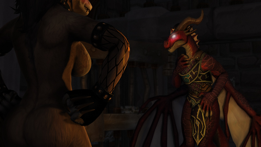 16:9 3d_(artwork) anthro armor big_breasts big_butt blizzard_entertainment blush breasts brown_body brown_fur butt canid canine chain claws clothing collar cuff_(restraint) digital_media_(artwork) dominant dominant_female dracthyr dragon embarrassed feisty_worgen_lady female fin fishnet fur gesture gloves glowing glowing_eyes grin hair hand_on_hip handwear hi_res horn legs_together long_claws long_hair looking_at_another male male/female mammal nude presenting prison rear_view red_body red_scales restraints scales scalie shackles side_boob size_difference slim small_waist smile spread_legs spreading standing submissive submissive_male undressing valuthar warcraft warm_colors were werecanid werecanine werewolf western_dragon white_eyes wide_hips widescreen wings worgen