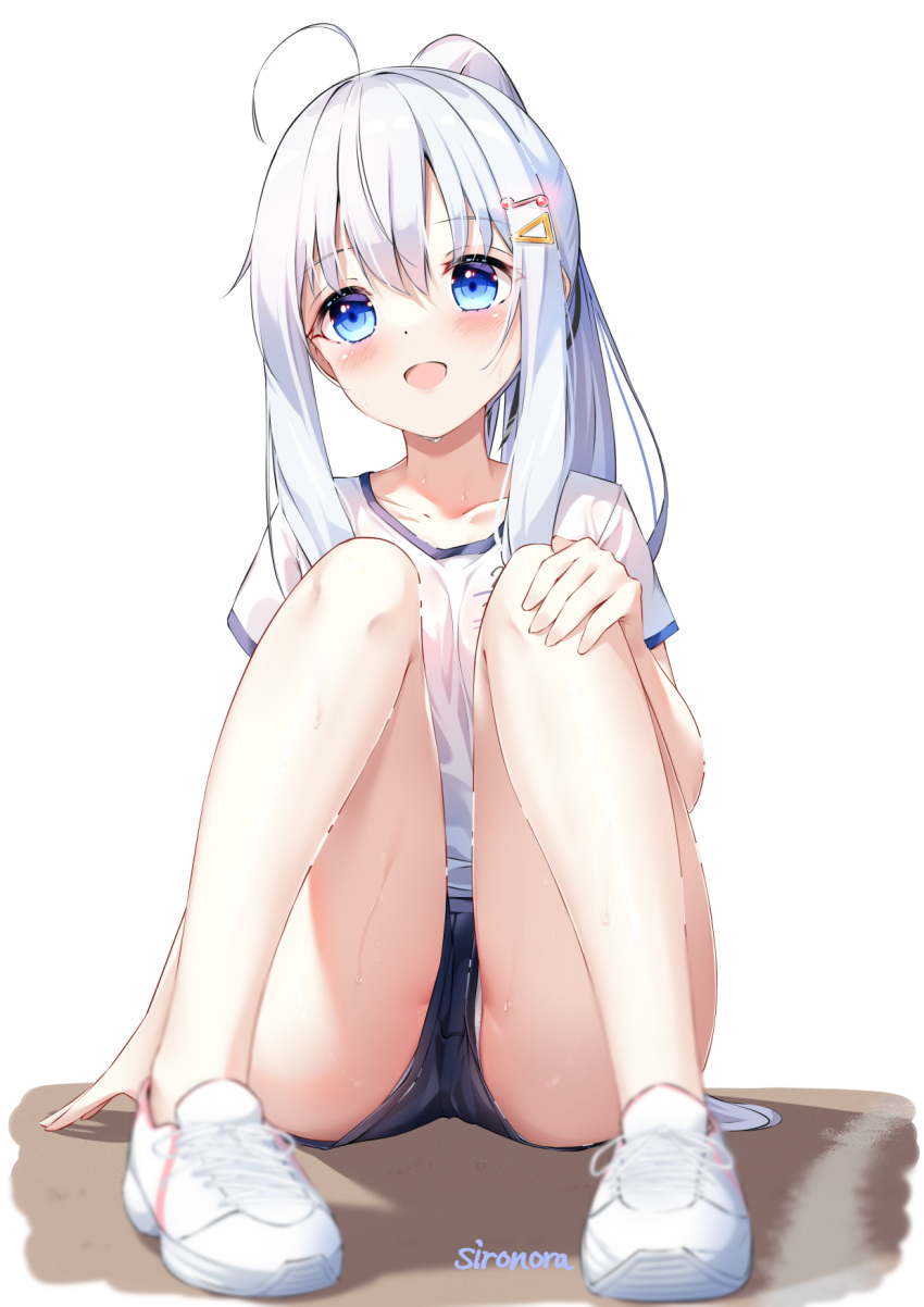 1girl ahoge bare_legs blue_eyes grey_hair gym_uniform hair_ornament hairclip hand_on_own_knee highres long_hair musical_note musical_note_hair_ornament nagai_noa_(sironora) open_mouth original ponytail short_sleeves shorts simple_background sironora sitting