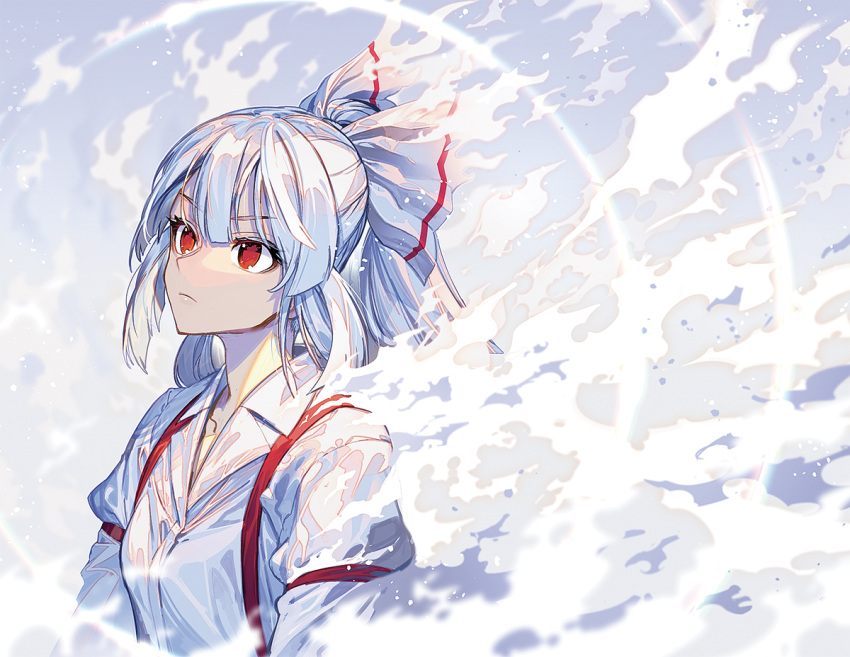 1girl bow closed_mouth collared_shirt commentary fujiwara_no_mokou grey_hair hair_bow long_hair long_sleeves red_eyes shirt sleeve_garter solo suspenders touhou upper_body white_bow white_shirt zounose