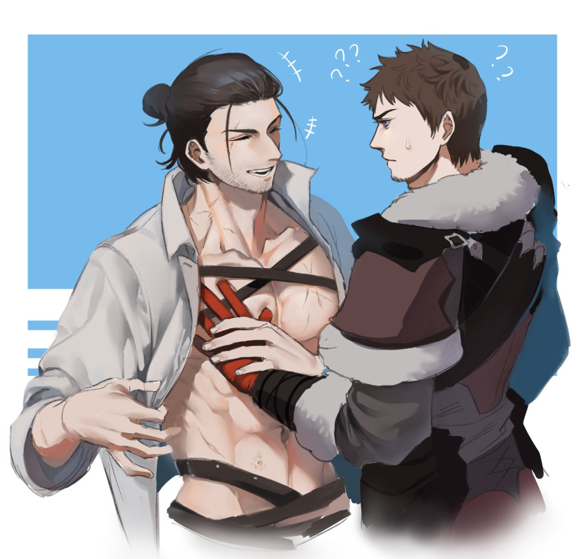 2boys adventurer_(ff14) ardbert_(ff14) black_hair blue_eyes final_fantasy final_fantasy_xiv fvc8oqx7jq0na8i gloves highres hyur long_hair meteor multiple_boys scar shirt smile topless_male warrior_of_light_(ff14)