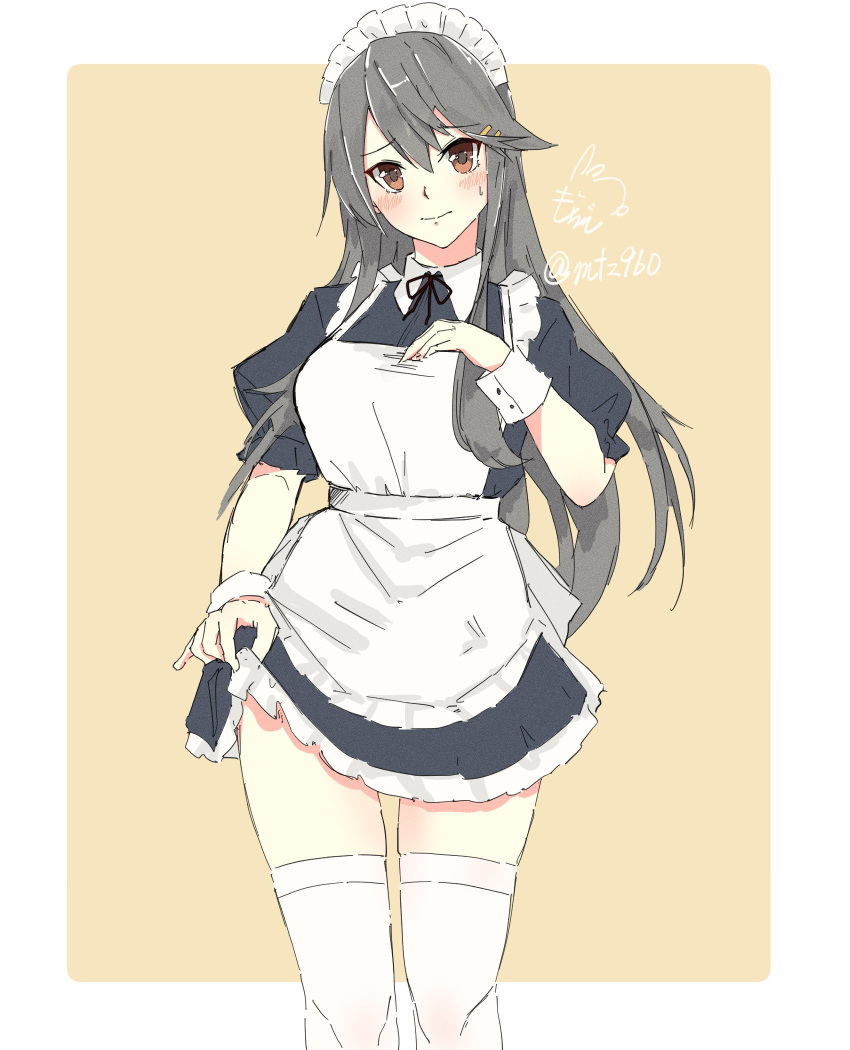 1girl alternate_costume alternate_legwear apron black_dress black_hair blush border brown_eyes clothes_lift cowboy_shot dress dress_lift embarrassed enmaided frilled_apron frilled_dress frills grey_hair hair_between_eyes hair_ornament hairclip haruna_(kancolle) highres kantai_collection long_hair maid maid_apron maid_headdress mochizou puffy_short_sleeves puffy_sleeves short_dress short_sleeves solo thighhighs waist_apron white_apron white_border white_thighhighs wrist_cuffs yellow_background zettai_ryouiki