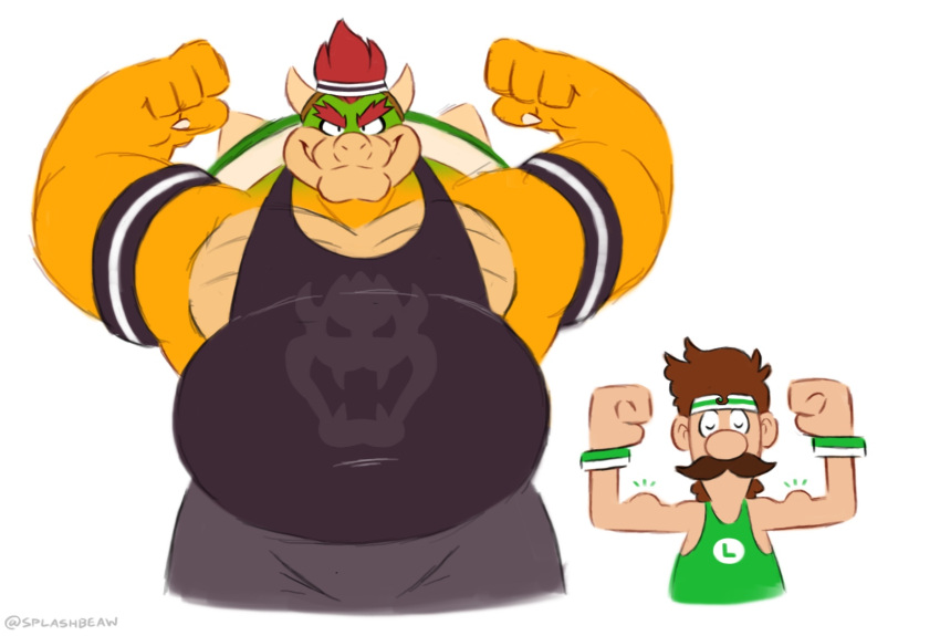 2023 accessory anthro armband barazoku belly biceps big_belly big_biceps big_muscles bottomwear bowser bowser_day claws clothed clothing duo emanata eyebrows facial_hair flexing front_view hair headband hi_res horn huge_muscles human koopa larger_anthro logo looking_at_viewer luigi male mammal manly mario_bros musclegut muscular muscular_anthro muscular_male mustache nintendo overweight overweight_anthro overweight_male pants pecs scalie shell shirt simple_background size_difference smaller_human smile spiked_shell spikes spikes_(anatomy) splashburr standing tank_top text topwear url white_background wristband