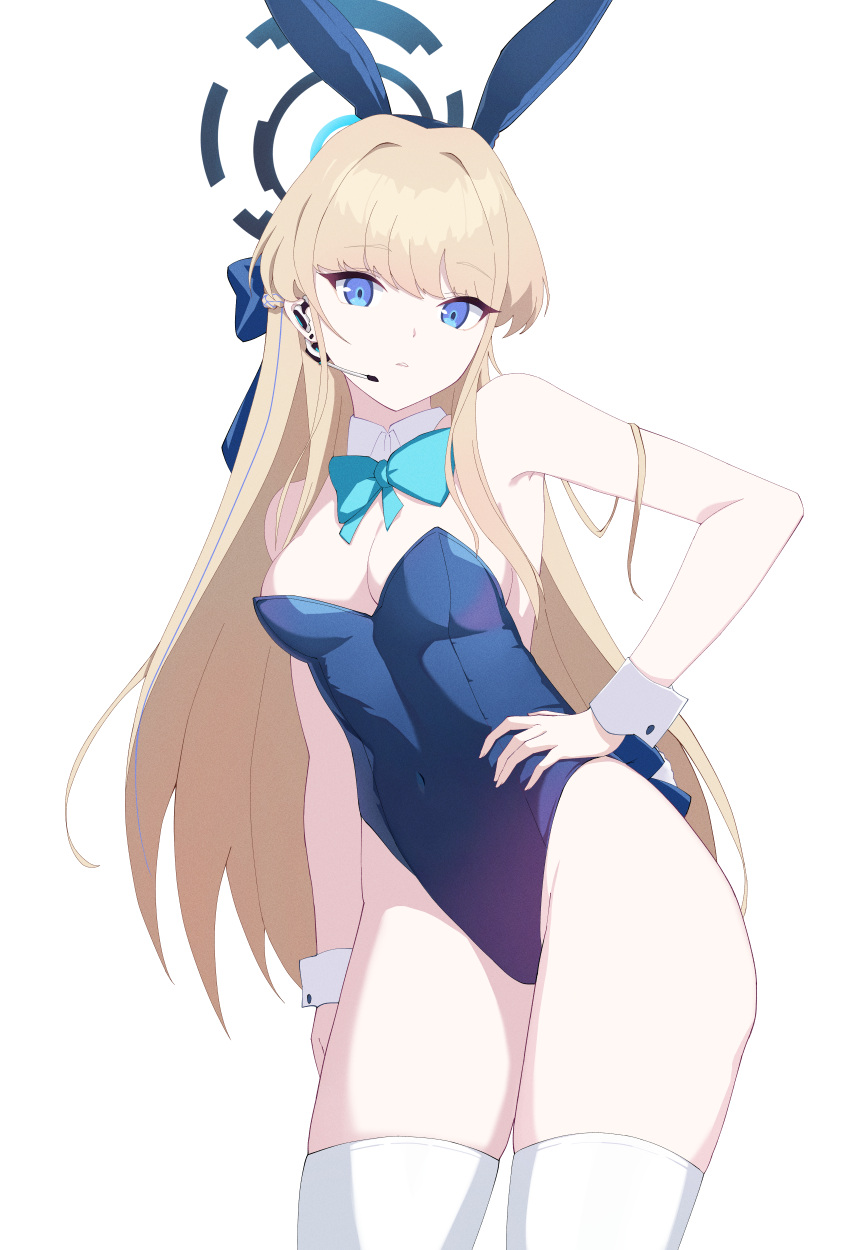 1girl absurdres animal_ears blonde_hair blue_archive blue_leotard bow breasts detached_collar fake_animal_ears halo hand_on_own_hip highleg highleg_leotard highres hikkio leotard long_hair medium_breasts official_alternate_costume playboy_bunny rabbit_ears strapless strapless_leotard thighhighs toki_(blue_archive) toki_(bunny)_(blue_archive) very_long_hair white_thighhighs wrist_cuffs