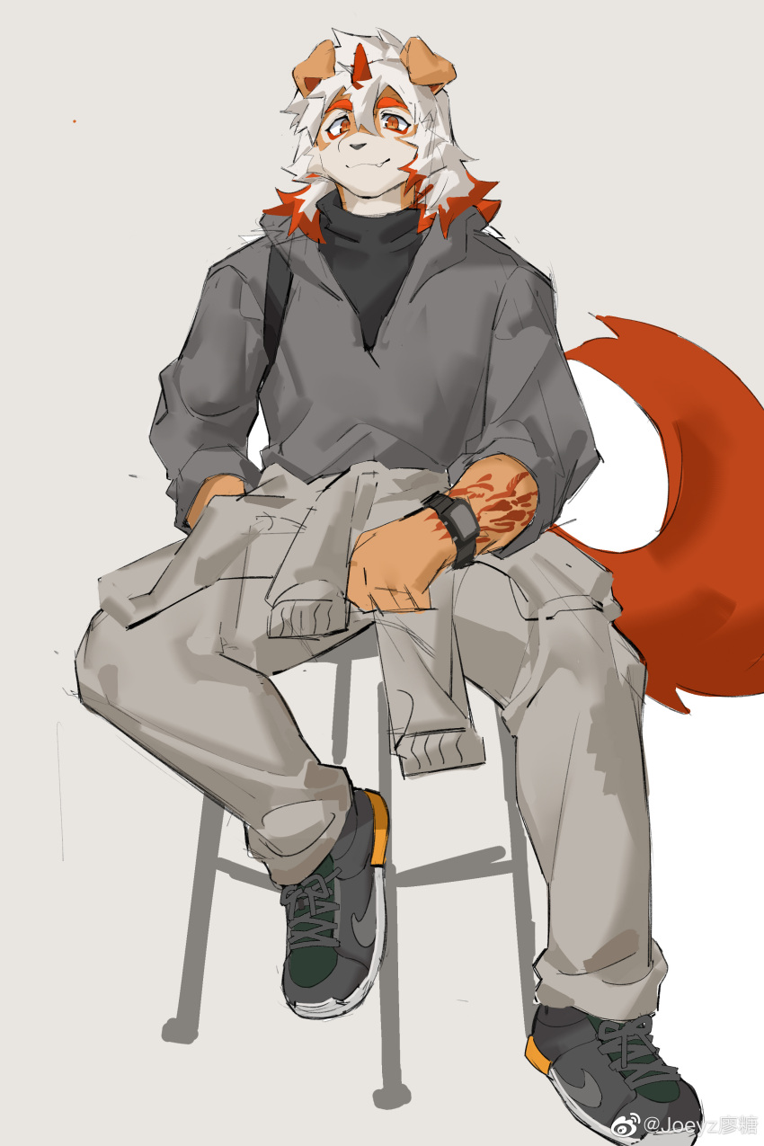 absurd_res anthro arknights arm_tattoo canid canine canis clothed clothing domestic_dog fully_clothed fur hair hi_res horn hung_(arknights) hypergryph joeyzliaotang long_hair looking_at_viewer male mammal orange_hair orange_horn orange_tail sitting solo studio_montagne tail tan_body tan_fur tattoo uniform white_body white_fur white_hair yellow_eyes