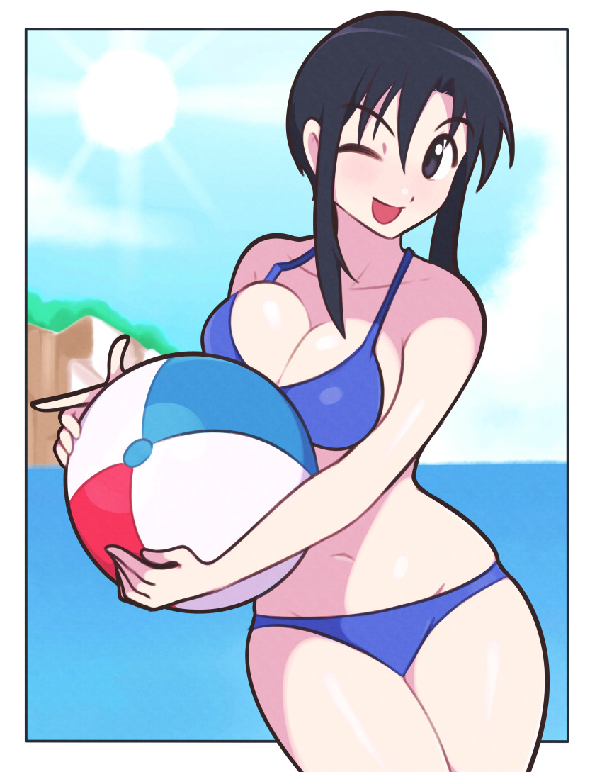 1girl ;d absurdres alternate_costume azumanga_daioh ball beach beachball bikini black_hair blue_bikini border breasts collarbone english_commentary highres holding holding_ball holding_beachball jeff_miga kurosawa_minamo looking_at_viewer medium_breasts one_eye_closed open_mouth outdoors shiny_skin short_hair sidelocks smile solo sun swimsuit thighs white_border