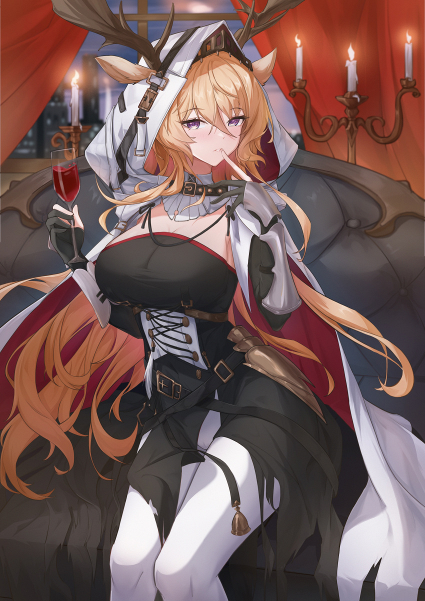 1girl absurdres animal_ears antlers antlers_through_hood arknights black_dress blonde_hair blush breasts candle cape cleavage couch cup deer_antlers deer_ears deer_girl dress drinking_glass ears_through_hood feet_out_of_frame finger_to_mouth fire gauntlets gloves highres holding holding_cup hood hood_up hooded_cape index_finger_raised indoors large_breasts long_hair looking_at_viewer night on_couch partially_fingerless_gloves purple_eyes red_curtains sitting sktre12 solo variant_set very_long_hair viviana_(arknights) white_cape window wine_glass
