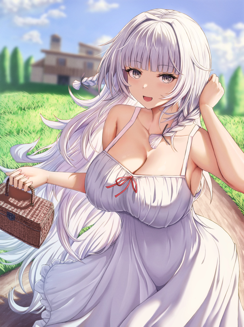 1girl :d azur_lane bare_arms basket blunt_bangs blurry blush braid breasts buran_(22x) cleavage collarbone commentary_request commission day depth_of_field dress grey_eyes hand_up highres holding holding_basket large_breasts long_hair looking_at_viewer open_mouth outdoors skeb_commission smile solo sundress twin_braids vittorio_veneto_(azur_lane) white_dress white_hair