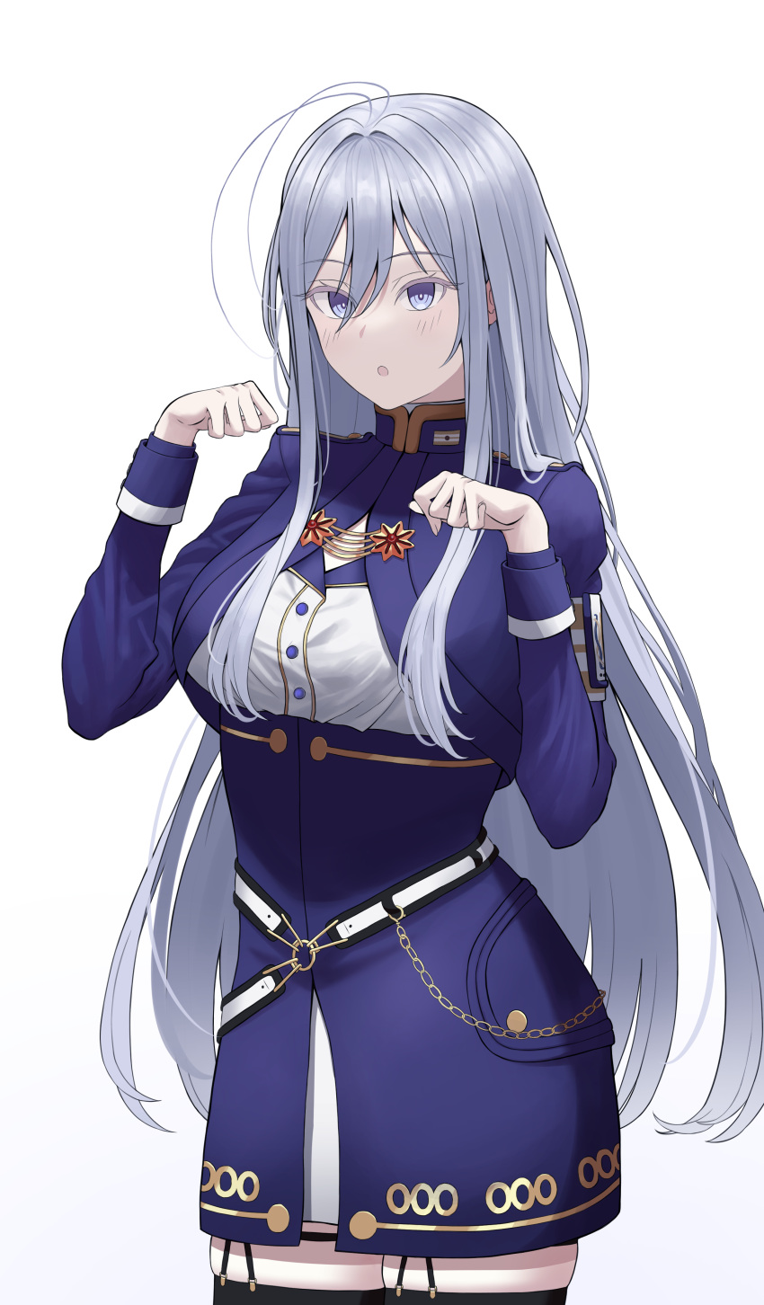 1girl 86_-eightysix- :o absurdres ahoge belt black_thighhighs blue_eyes breasts chain clenched_hands cowboy_shot garter_straps grey_hair hands_up highres long_hair long_sleeves military military_uniform no_headwear o-ring o-ring_belt open_mouth paw_pose seki_86 simple_background skindentation solo thighhighs thighs uniform very_long_hair vladilena_millize white_background white_belt zettai_ryouiki